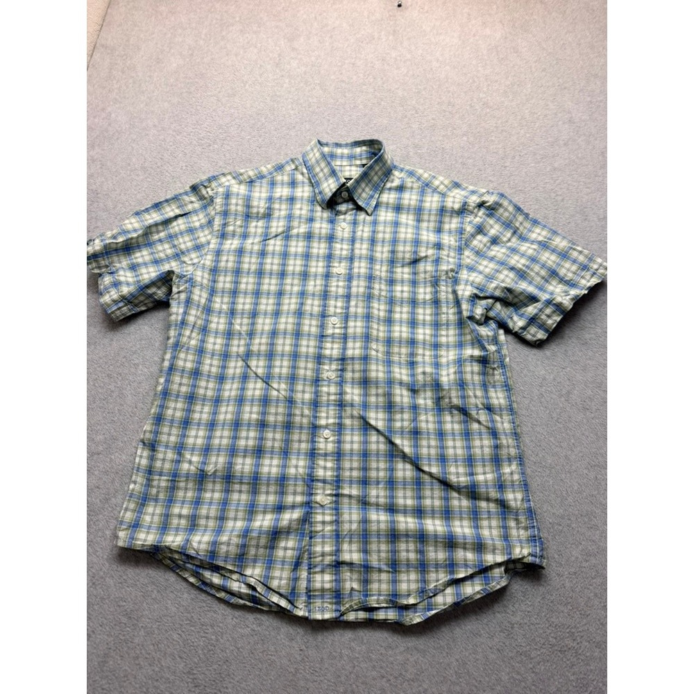 Izod Mens Blue Green Plaid Short Sleeve Button Down Shirt Medium